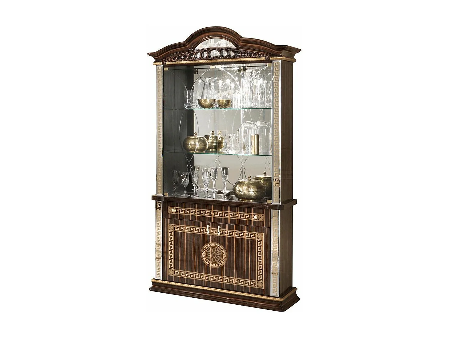 Vitrine 4 deuren 1 lade glanzend gelakt hout bruin en goud Venus 105 cm