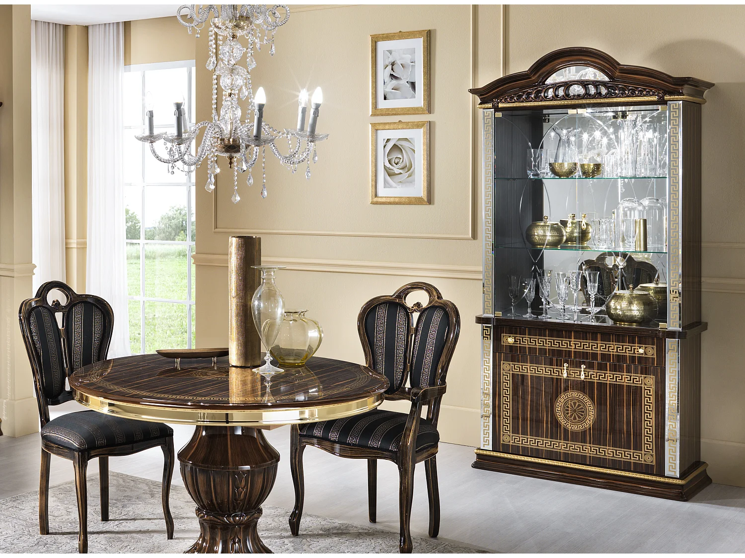 Vitrine 4 deuren 1 lade glanzend gelakt hout bruin en goud Venus 105 cm