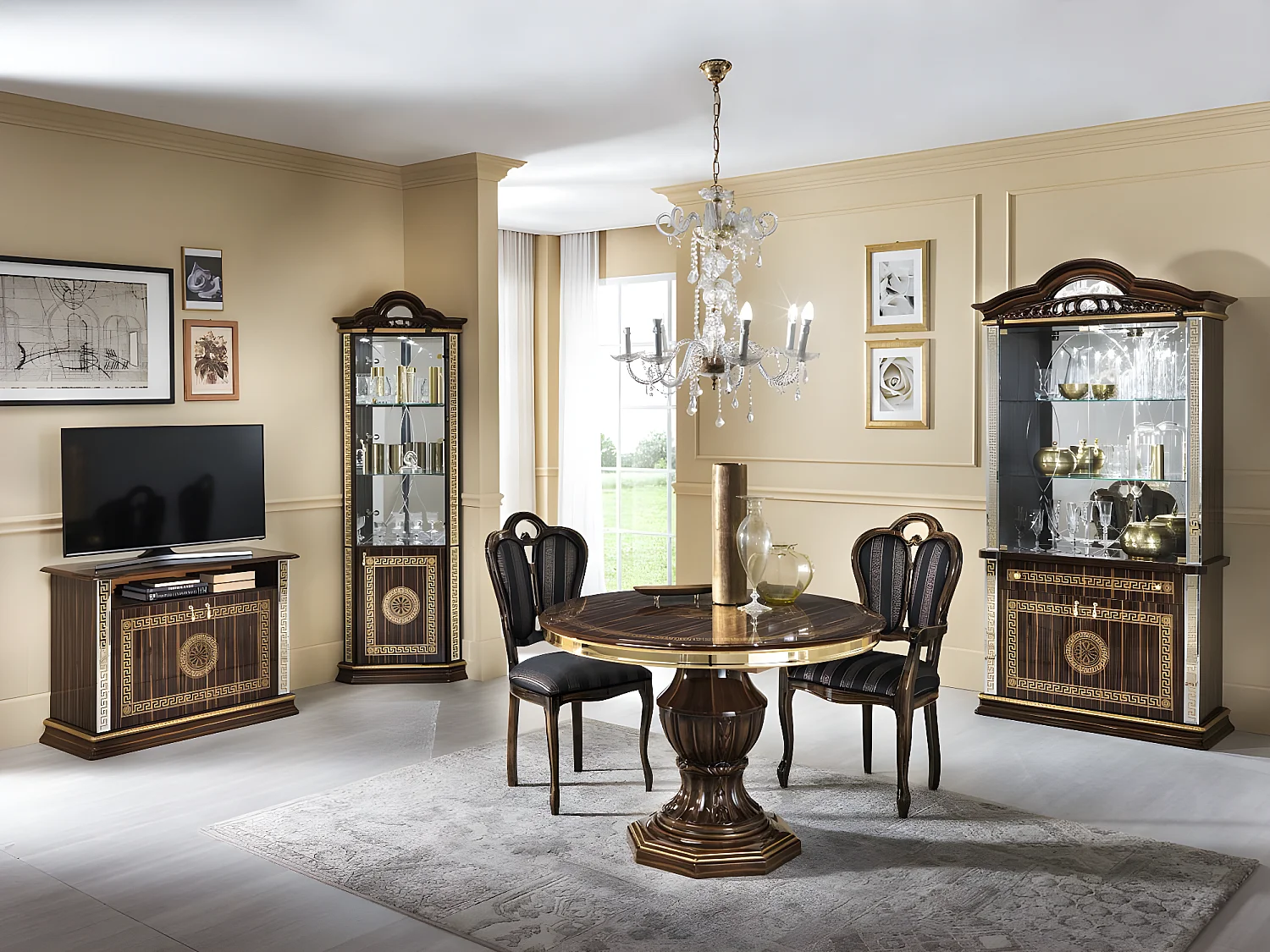 Vitrine 4 deuren 1 lade glanzend gelakt hout bruin en goud Venus 105 cm