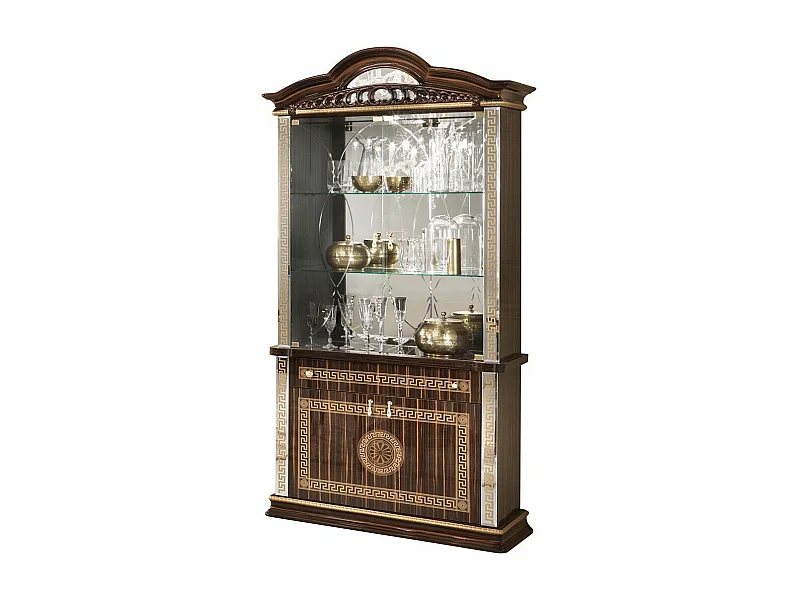 Vitrine 4 portes 1 tiroir bois vernis laqué brillant marron et doré Venus 105cm