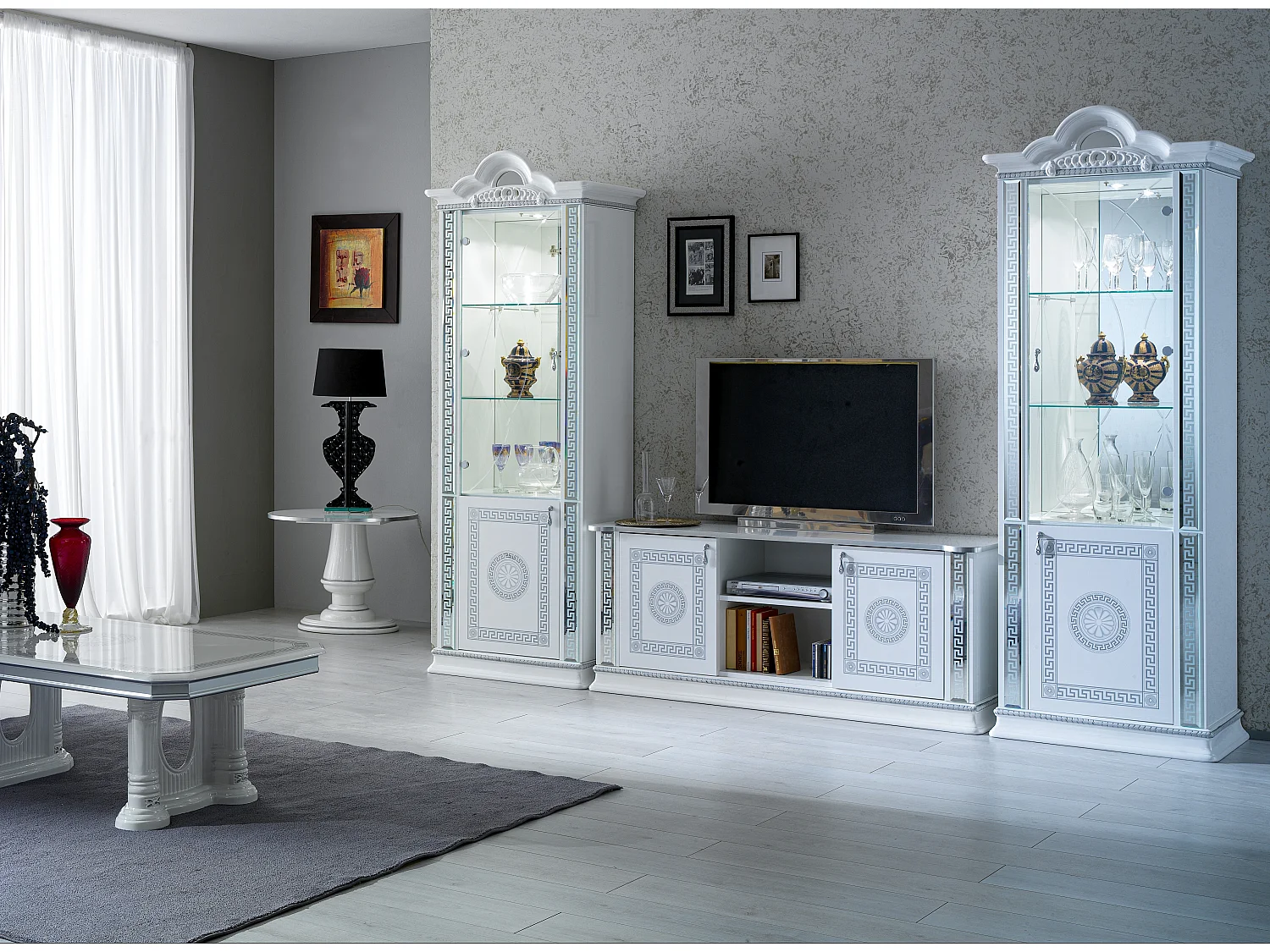 Vitrine 2 portes bois vernis laqué brillant blanc et gris Venus 78cm