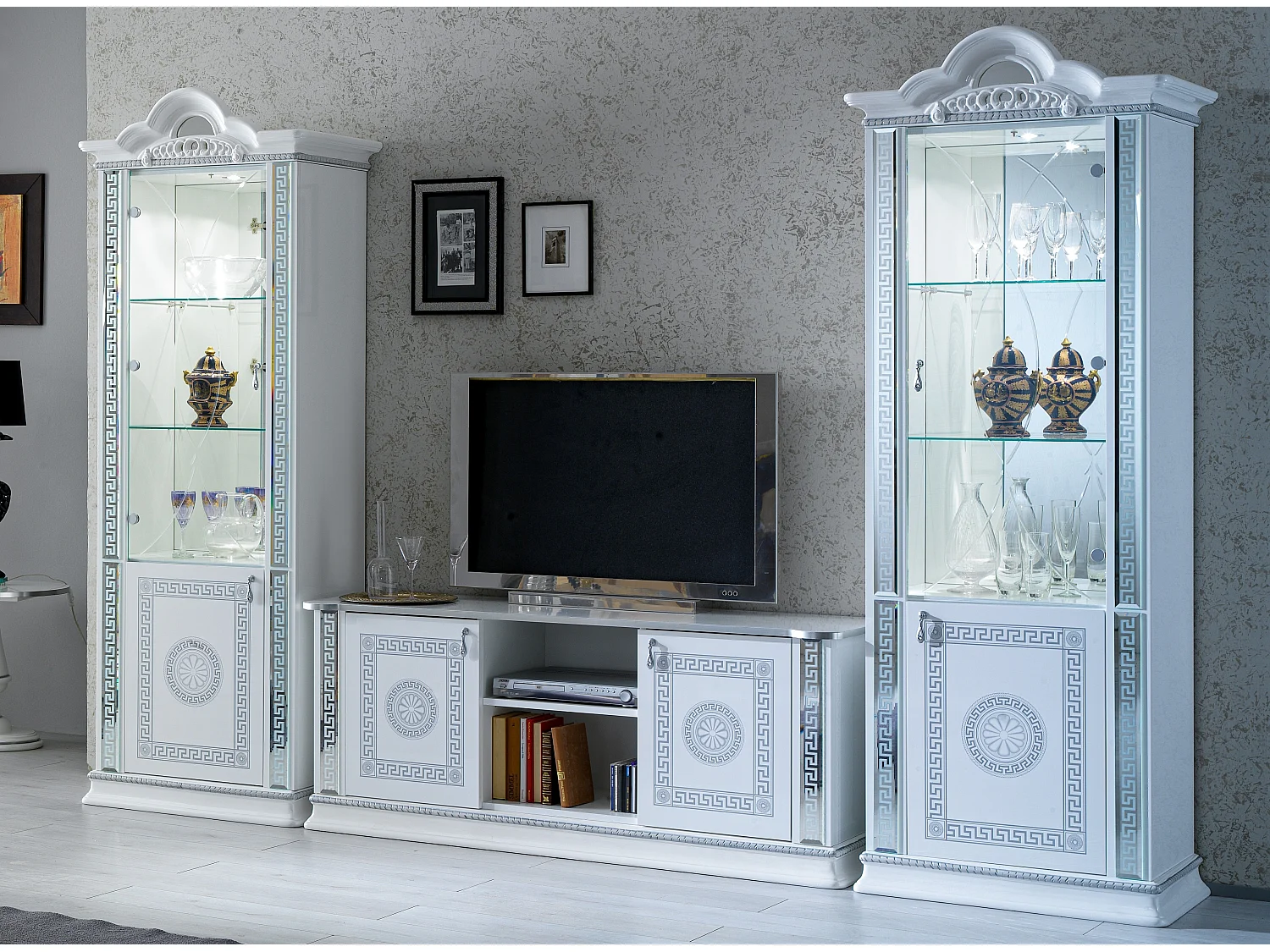 Vitrine 2 portes bois vernis laqué brillant blanc et gris Venus 78cm