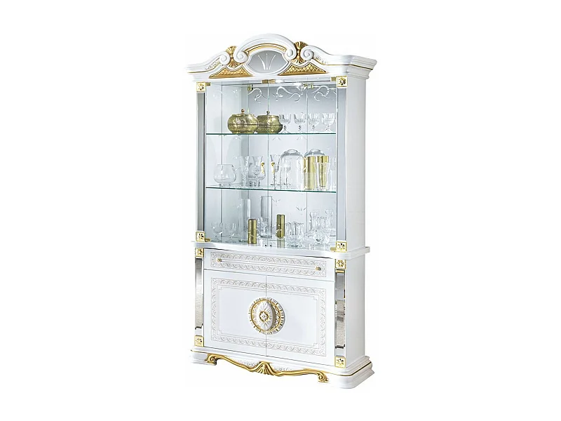 Vitrine 4 portes 1 tiroir bois vernis laqué brillant blanc et doré Lesly 105cm