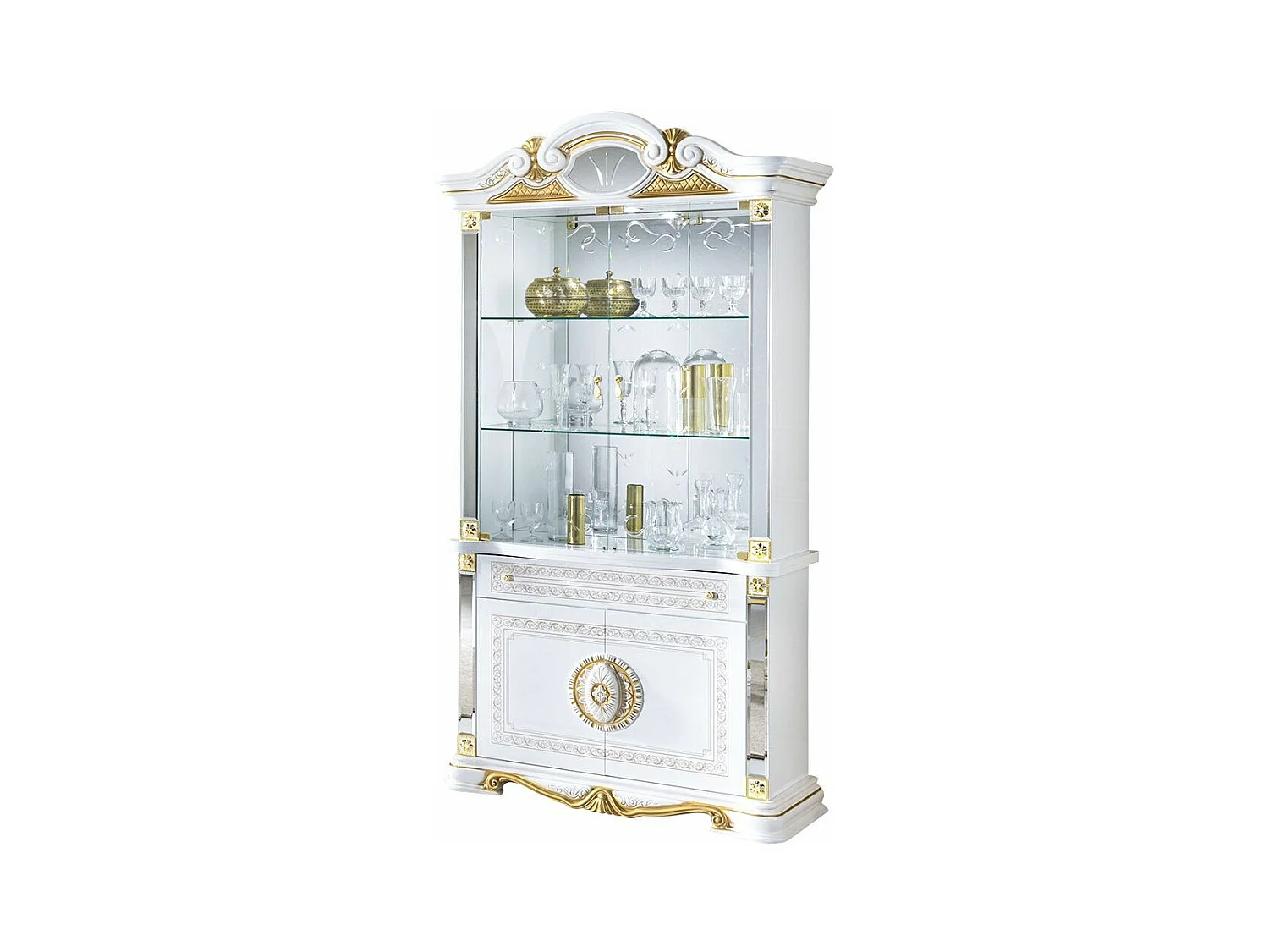 Vitrine 4 portes 1 tiroir bois vernis laqué brillant blanc et doré Lesly 105cm