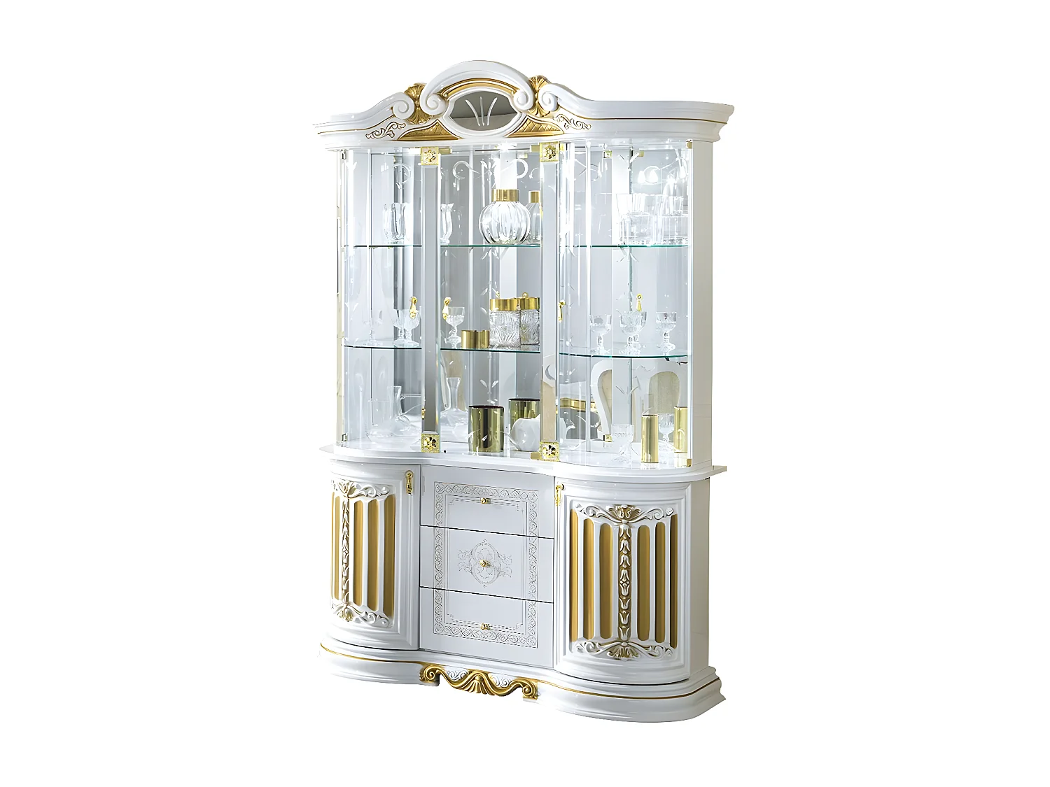 Vitrine 6 portes 3 tiroirs bois vernis laqué brillant blanc et doré Lesly 139cm