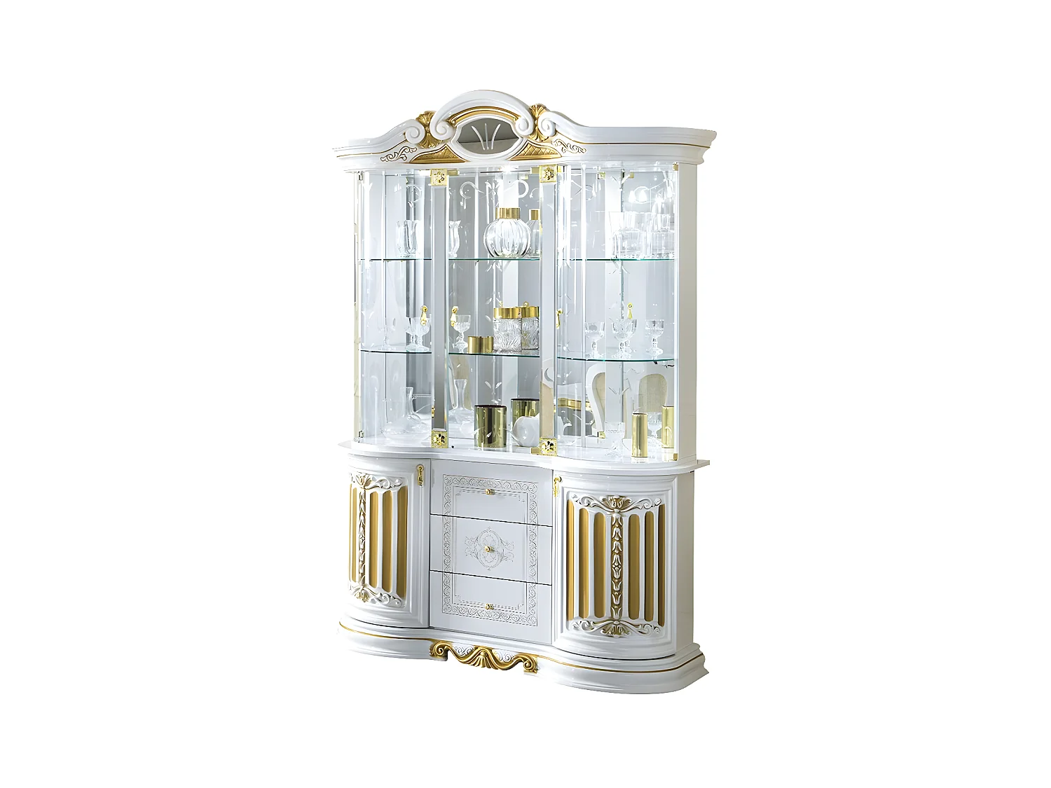 Vitrine 6 portes 3 tiroirs bois vernis laqué brillant blanc et doré Lesly 139cm