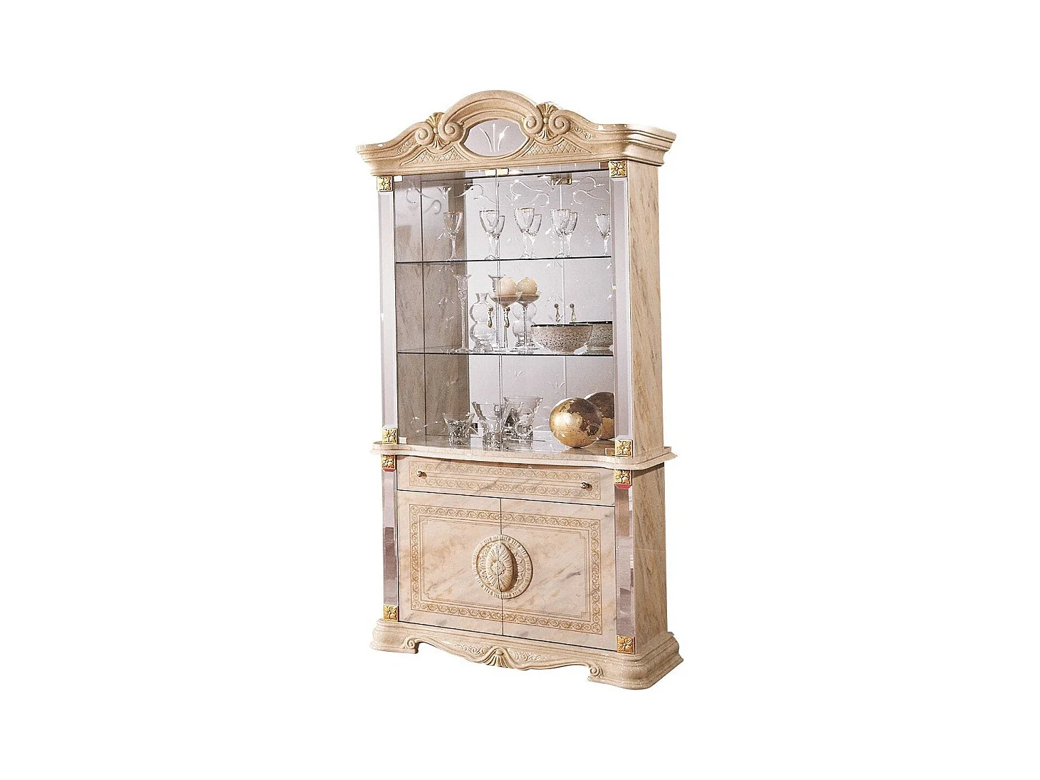 Vitrine 4 portes 1 tiroir bois vernis laqué brillant beige et onyx effet marbré Lesly 105cm