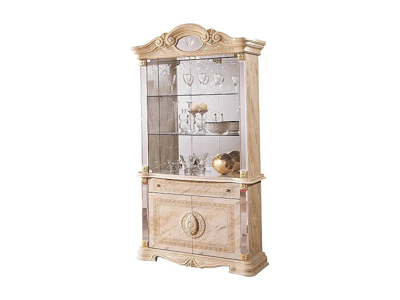 Vitrine 4 portes 1 tiroir bois vernis laqué brillant beige et onyx effet marbré Lesly 105cm