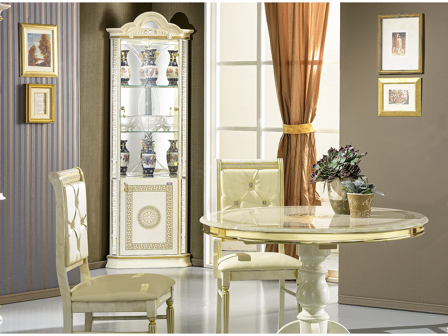 Vitrine d'angle bois vernis laqué brillant beige et doré Venus 64cm