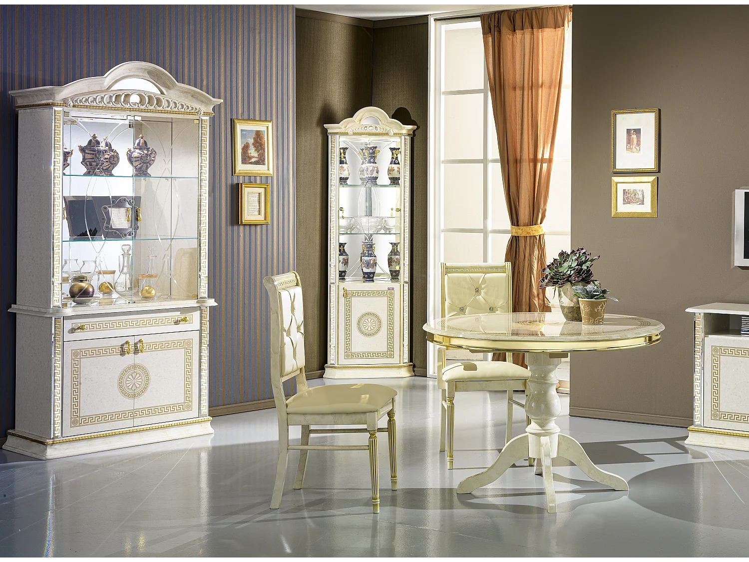 Vitrine d'angle bois vernis laqué brillant beige et doré Venus 64cm