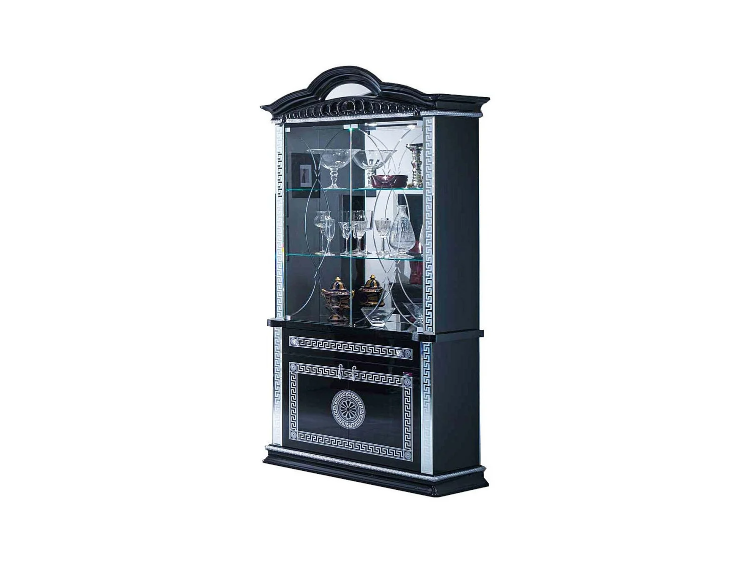 Vitrine 4 portes 1 tiroir bois vernis laqué brillant noir et gris Venus 105cm