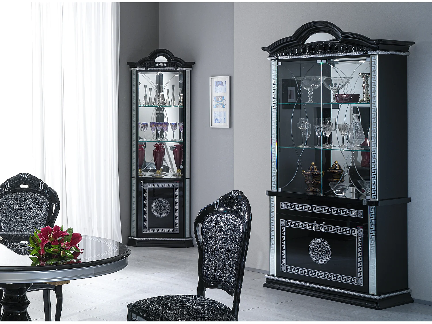 Vitrine 4 portes 1 tiroir bois vernis laqué brillant noir et gris Venus 105cm