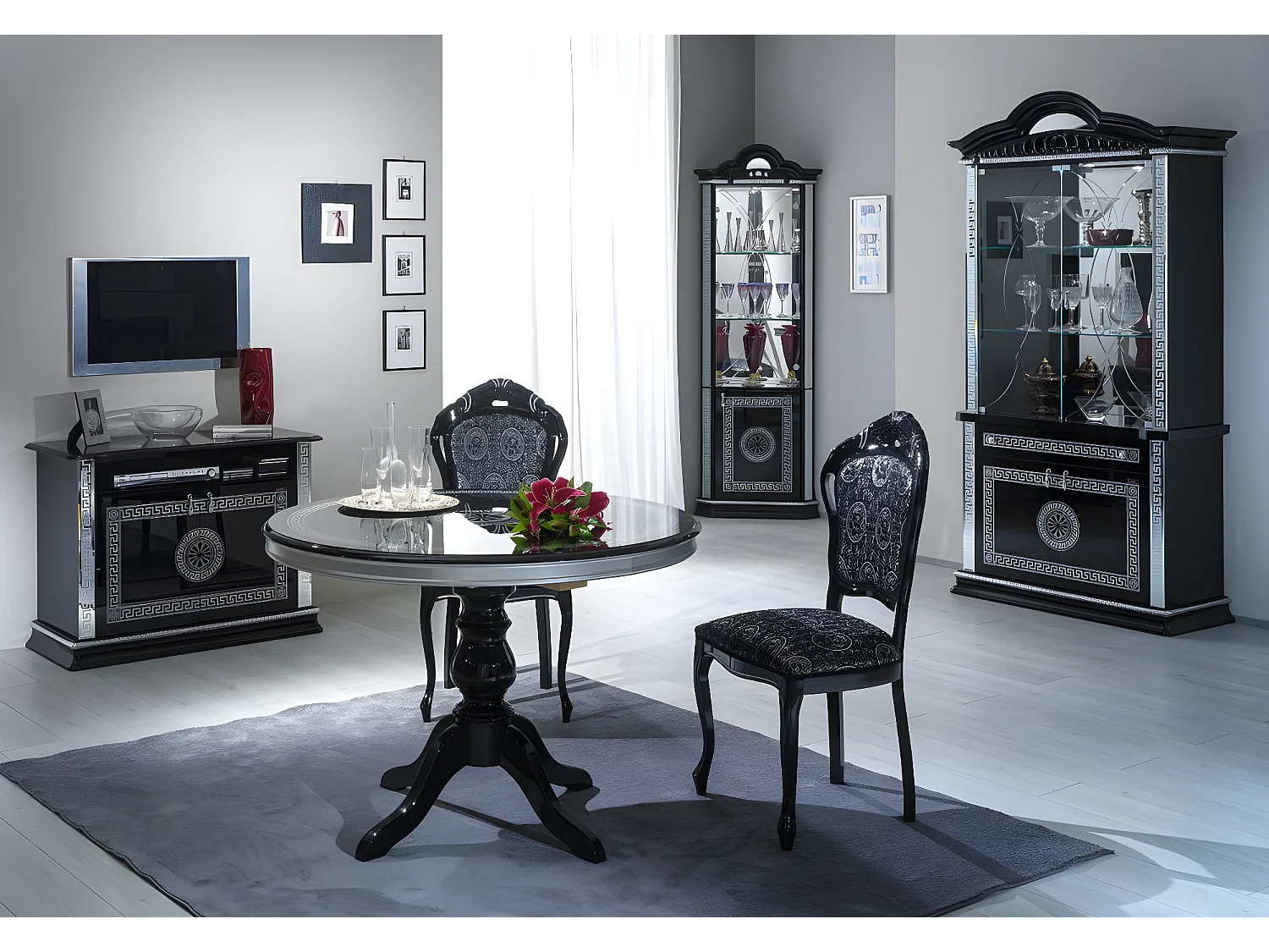 Vitrine 4 portes 1 tiroir bois vernis laqué brillant noir et gris Venus 105cm