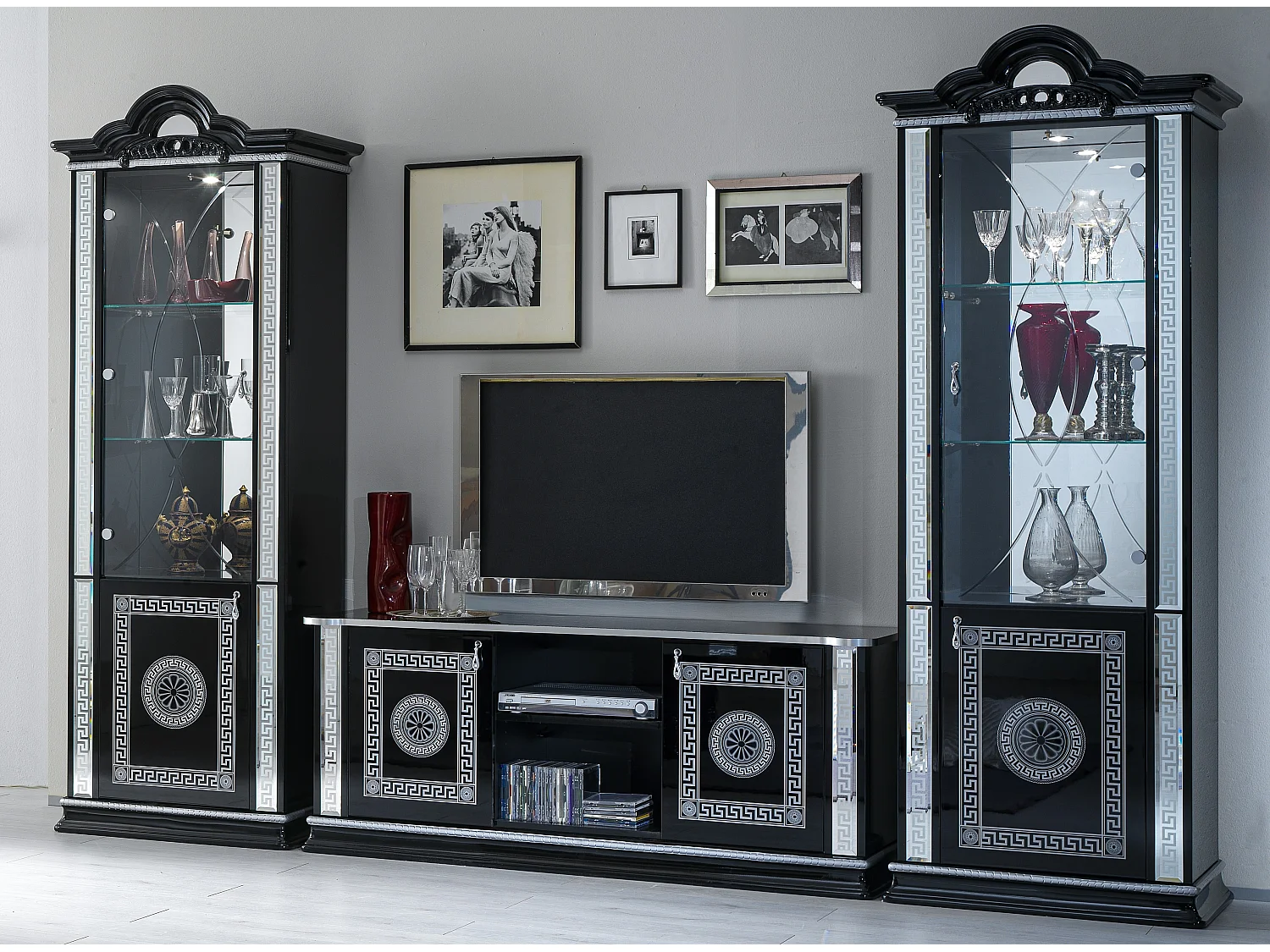 Vitrine 2 portes bois vernis laqué brillant noir et gris Venus 78cm