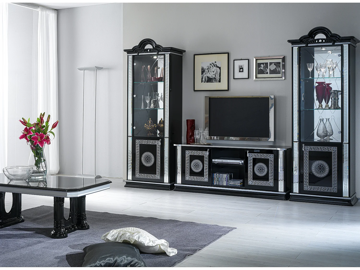 Vitrine 2 portes bois vernis laqué brillant noir et gris Venus 78cm