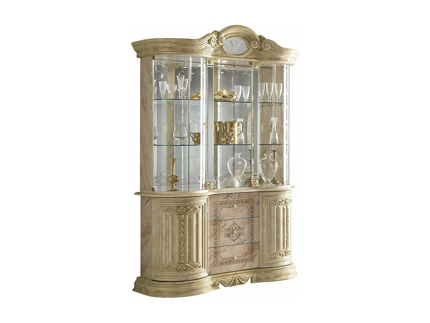 Vitrine 6 portes 3 tiroirs bois vernis laqué brillant beige et onyx effet marbré Lesly 139cm