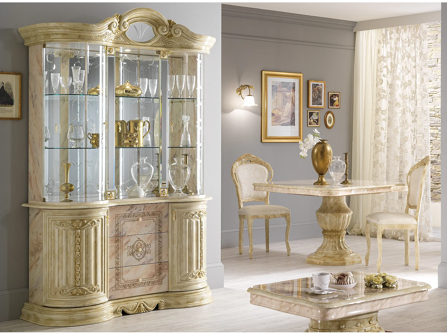 Vitrine 6 portes 3 tiroirs bois vernis laqué brillant beige et onyx effet marbré Lesly 139cm