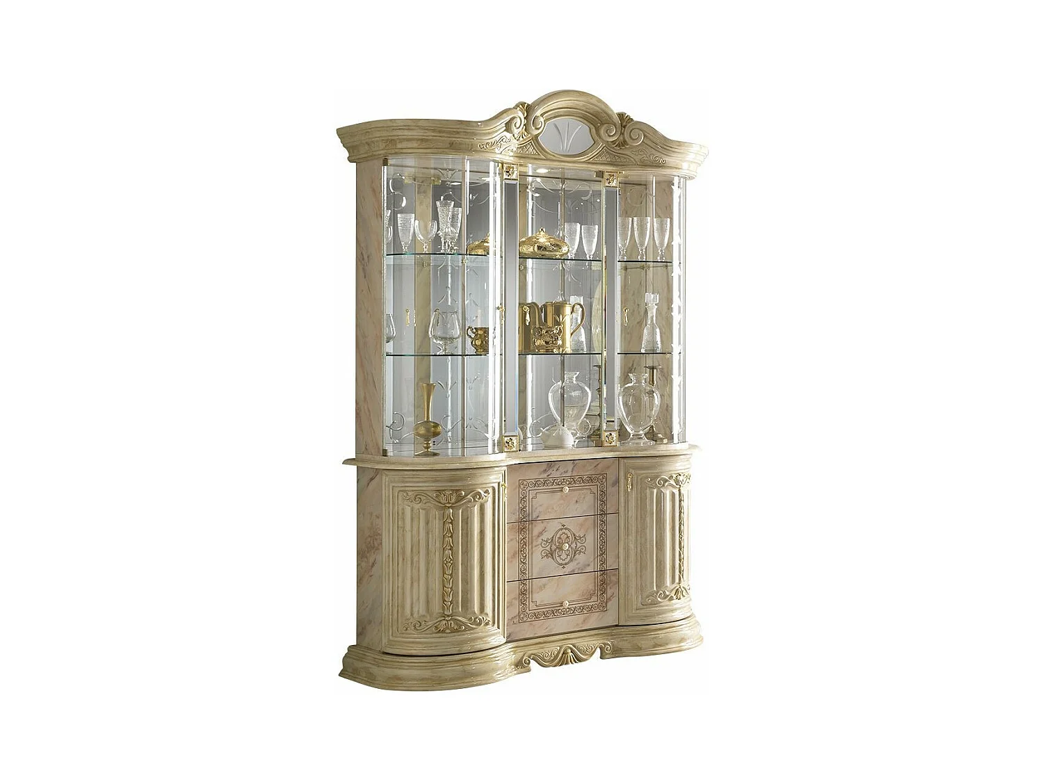 Vitrine 6 portes 3 tiroirs bois vernis laqué brillant beige et onyx effet marbré Lesly 139cm