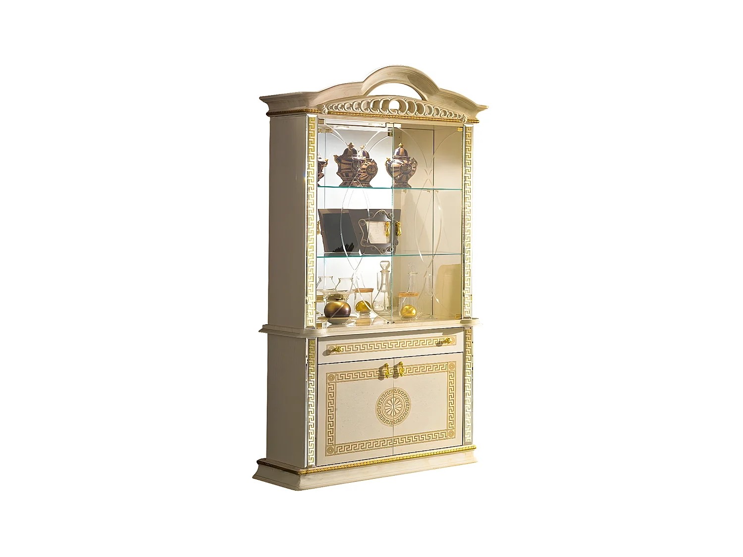 Vitrine 4 portes 1 tiroir bois vernis laqué brillant beige et doré Venus 105cm