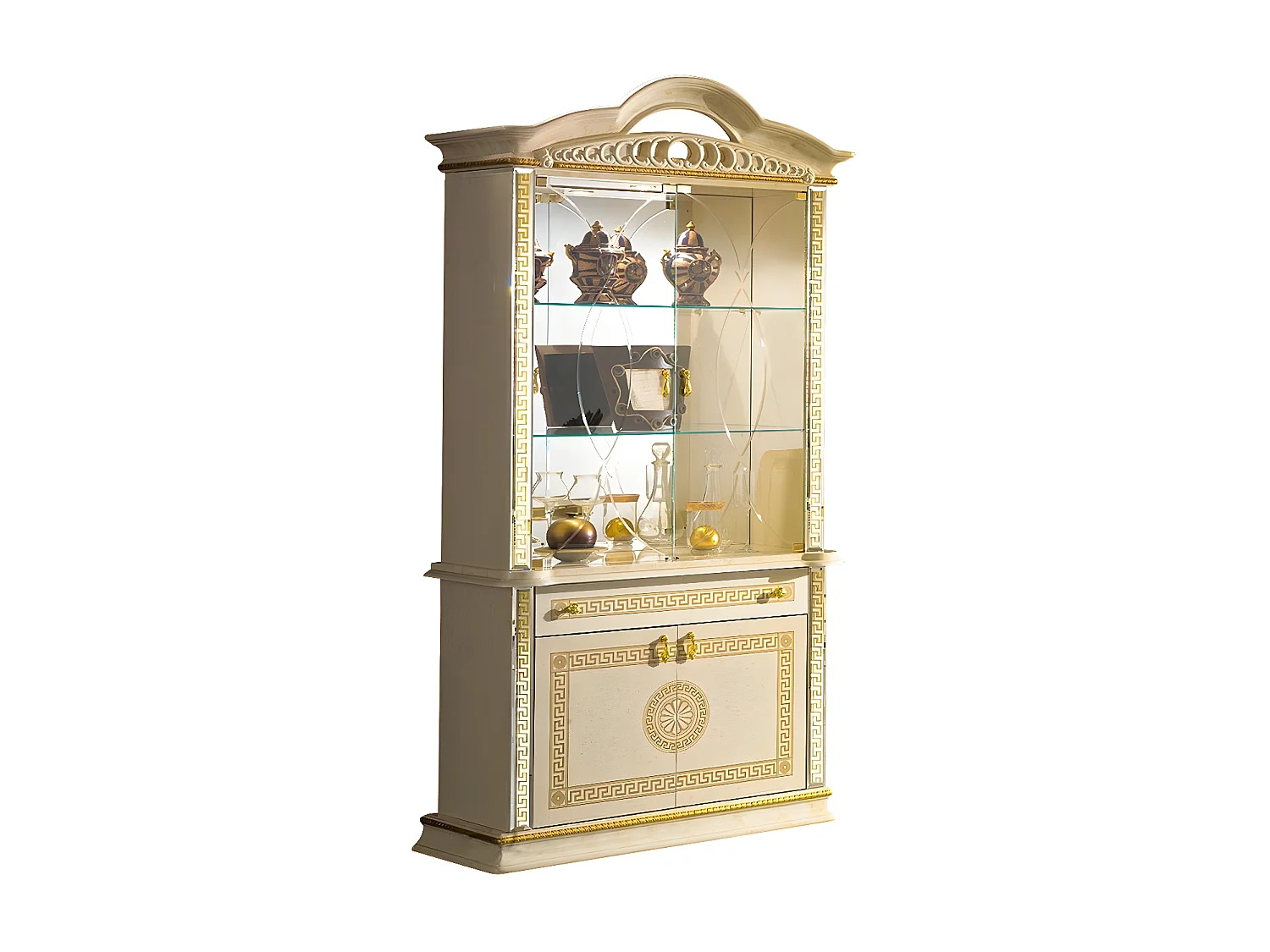 Vitrine 4 portes 1 tiroir bois vernis laqué brillant beige et doré Venus 105cm