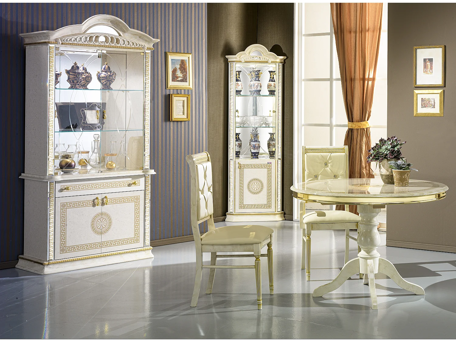 Vitrine 4 portes 1 tiroir bois vernis laqué brillant beige et doré Venus 105cm