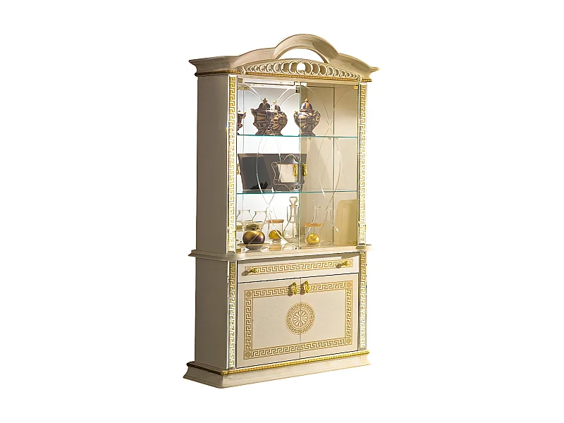 Vitrine 4 portes 1 tiroir bois vernis laqué brillant beige et doré Venus 105cm