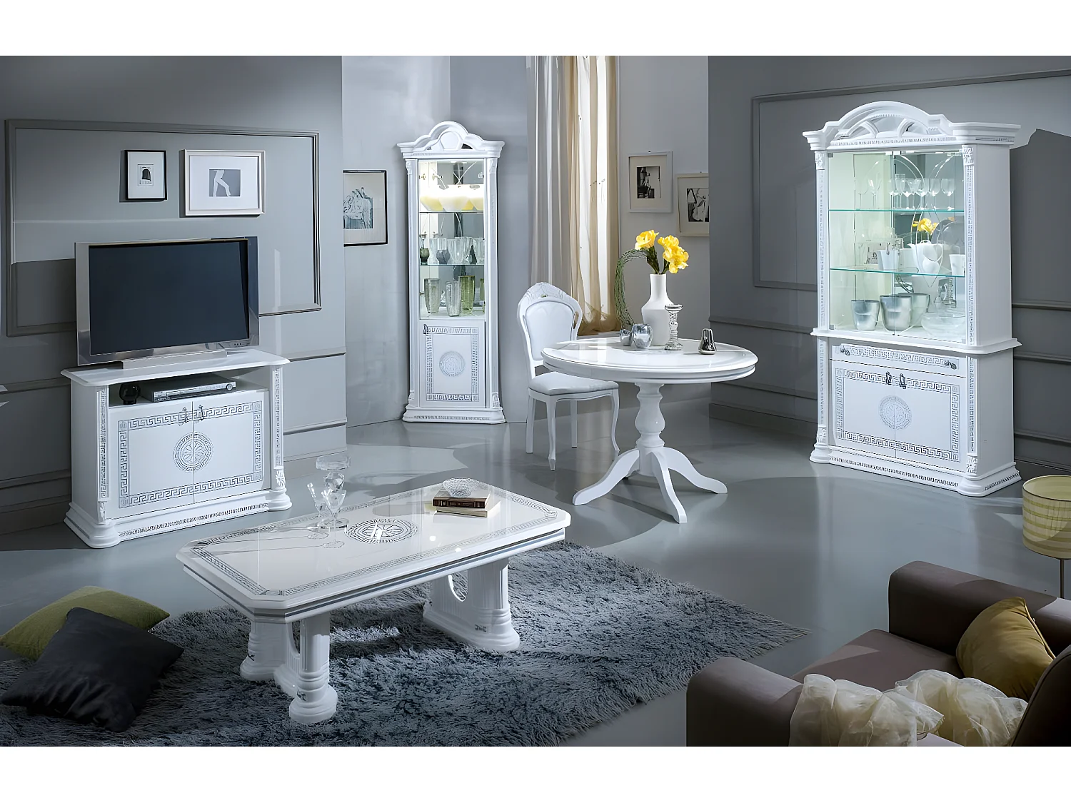 Vitrine 4 portes 1 tiroir bois vernis laqué brillant blanc et gris Venus 105cm