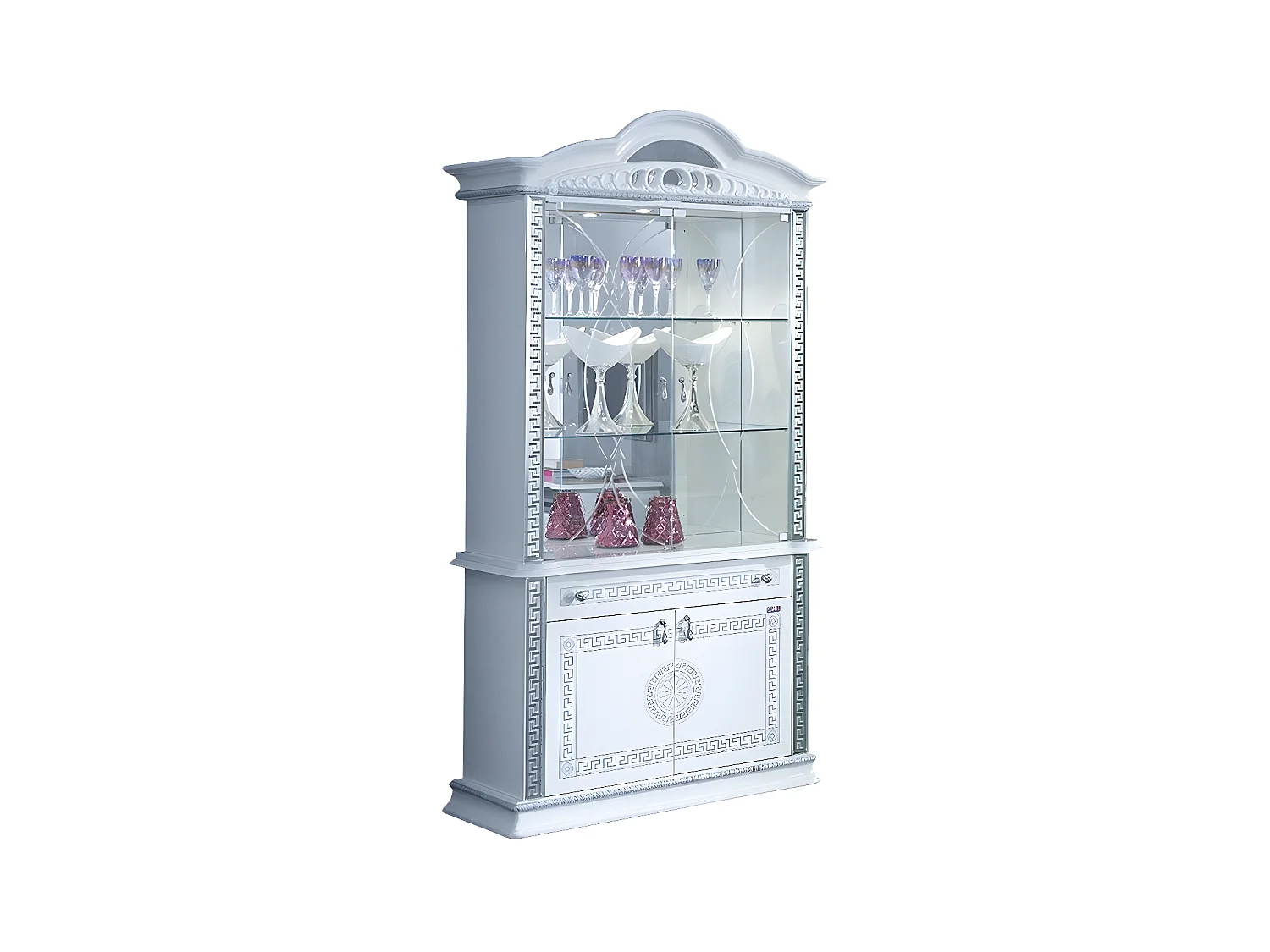Vitrine 4 portes 1 tiroir bois vernis laqué brillant blanc et gris Venus 105cm