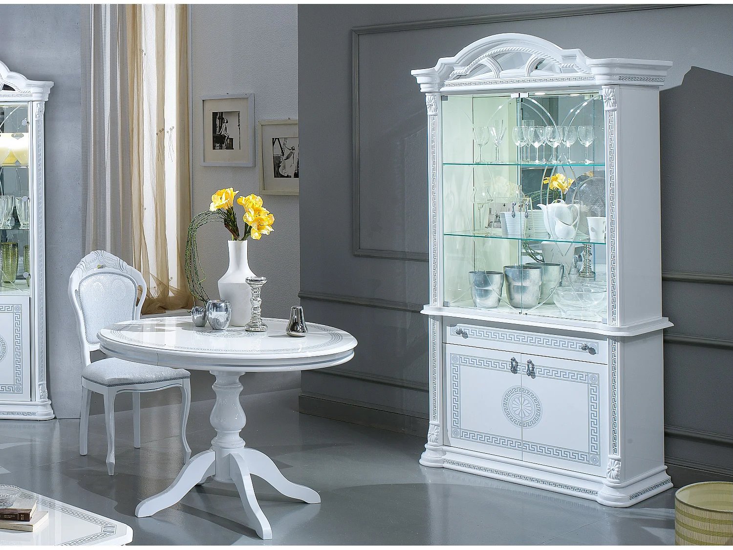 Vitrine 4 deuren 1 lade glanzend gelakt hout in wit en grijs Venus 105 cm