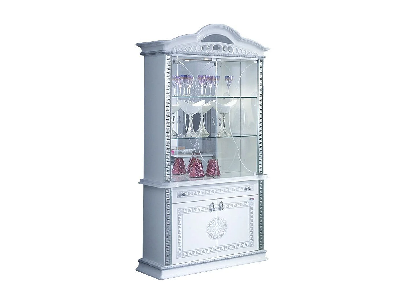 Vitrine 4 portes 1 tiroir bois vernis laqué brillant blanc et gris Venus 105cm