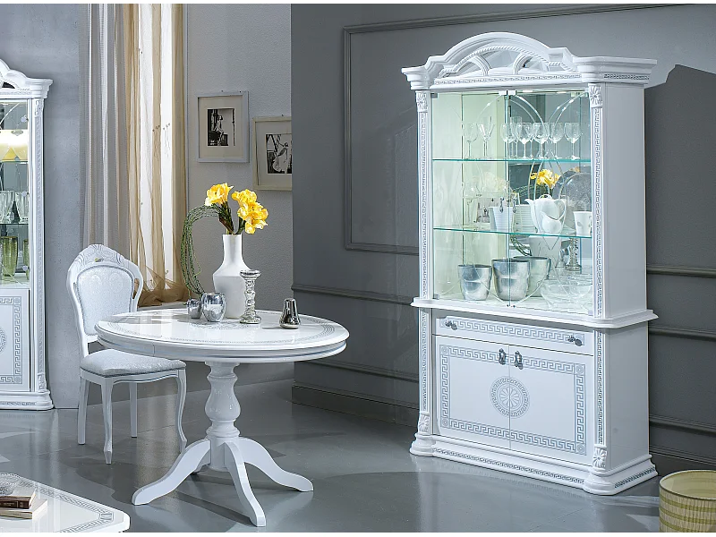 Vitrine 4 deuren 1 lade glanzend gelakt hout in wit en grijs Venus 105 cm