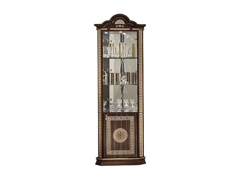 Vitrine d'angle bois vernis laqué brillant marron et doré Venus 64cm