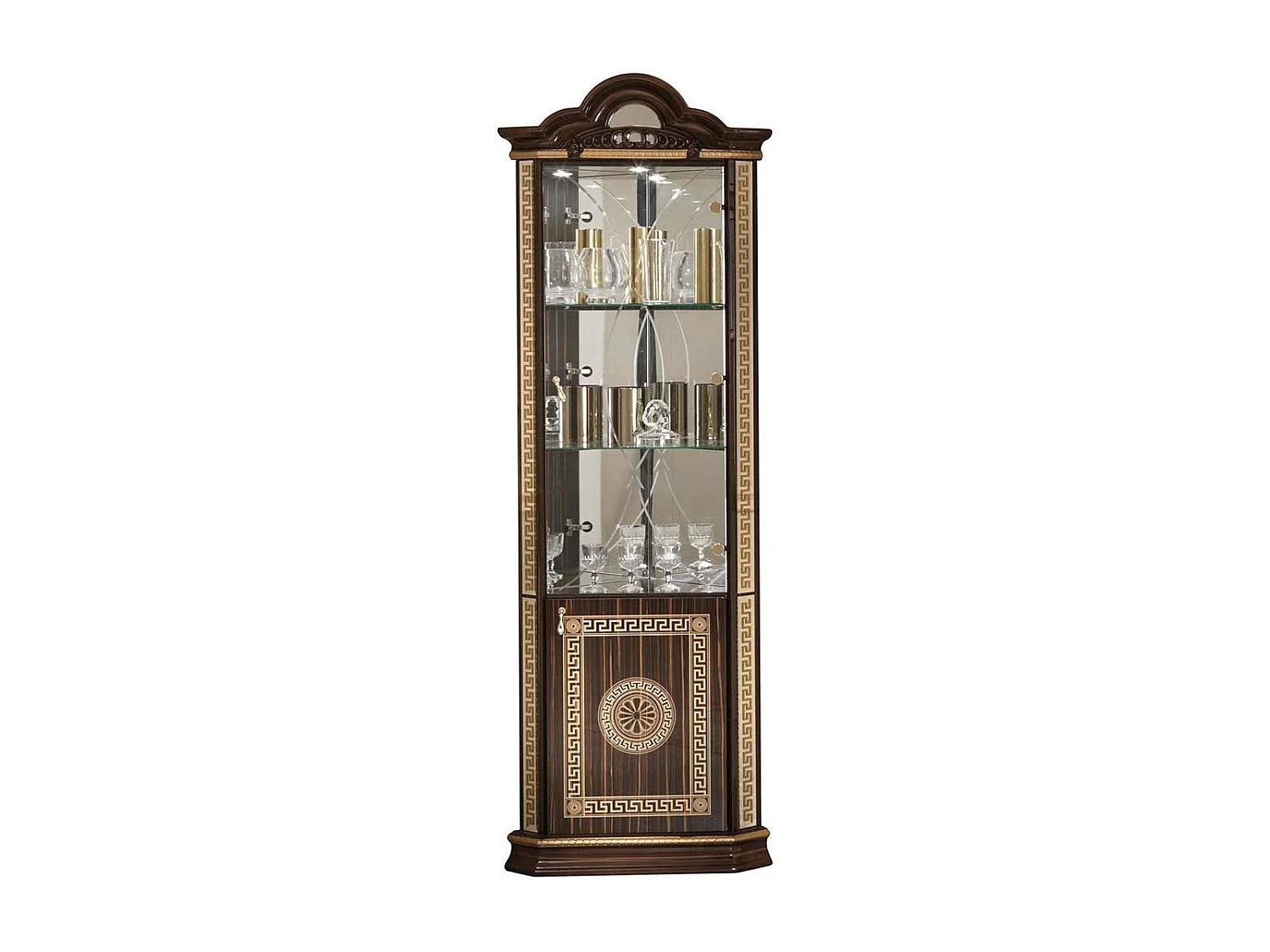 Vitrine d'angle bois vernis laqué brillant marron et doré Venus 64cm
