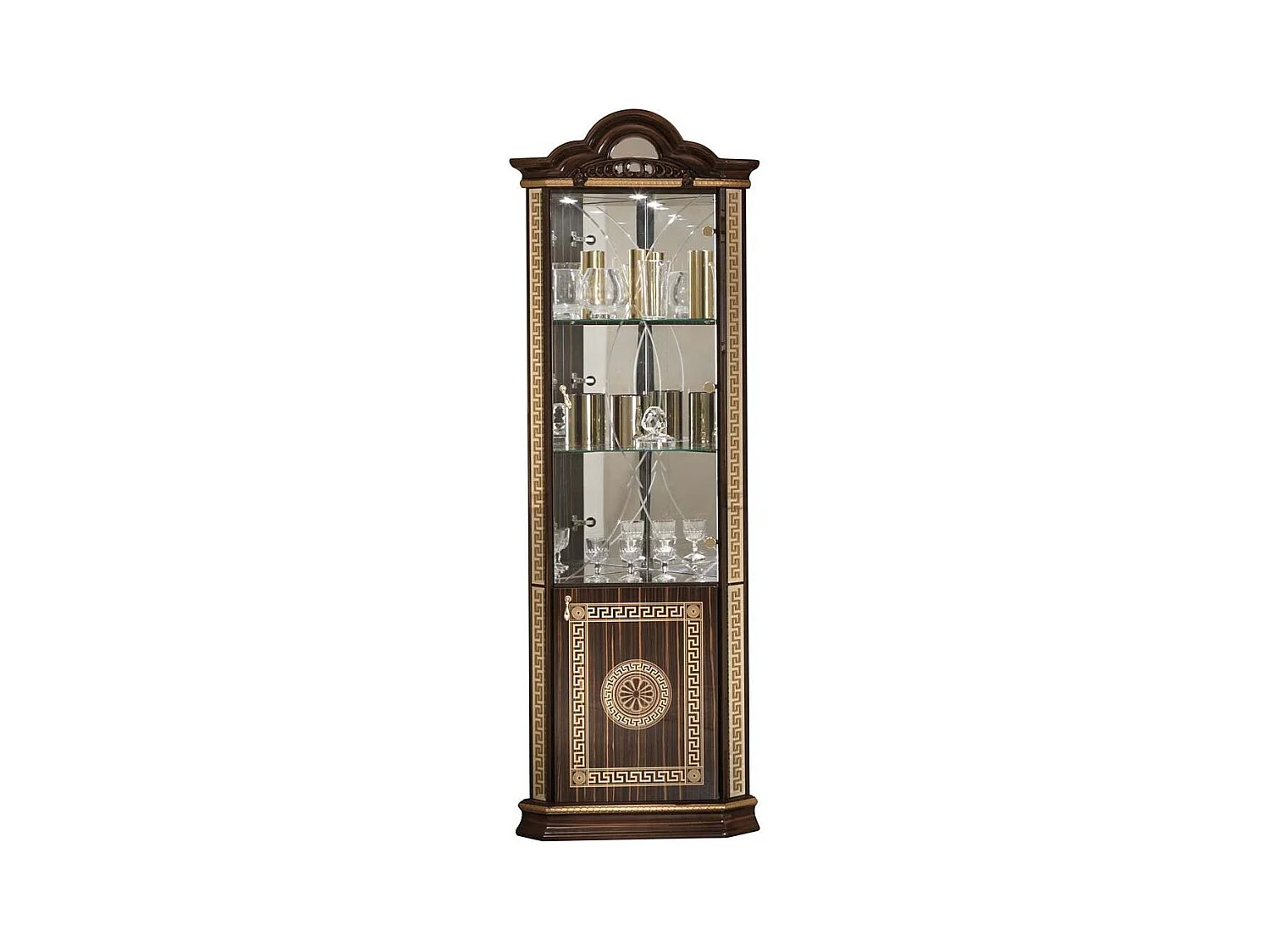 Vitrine d'angle bois vernis laqué brillant marron et doré Venus 64cm