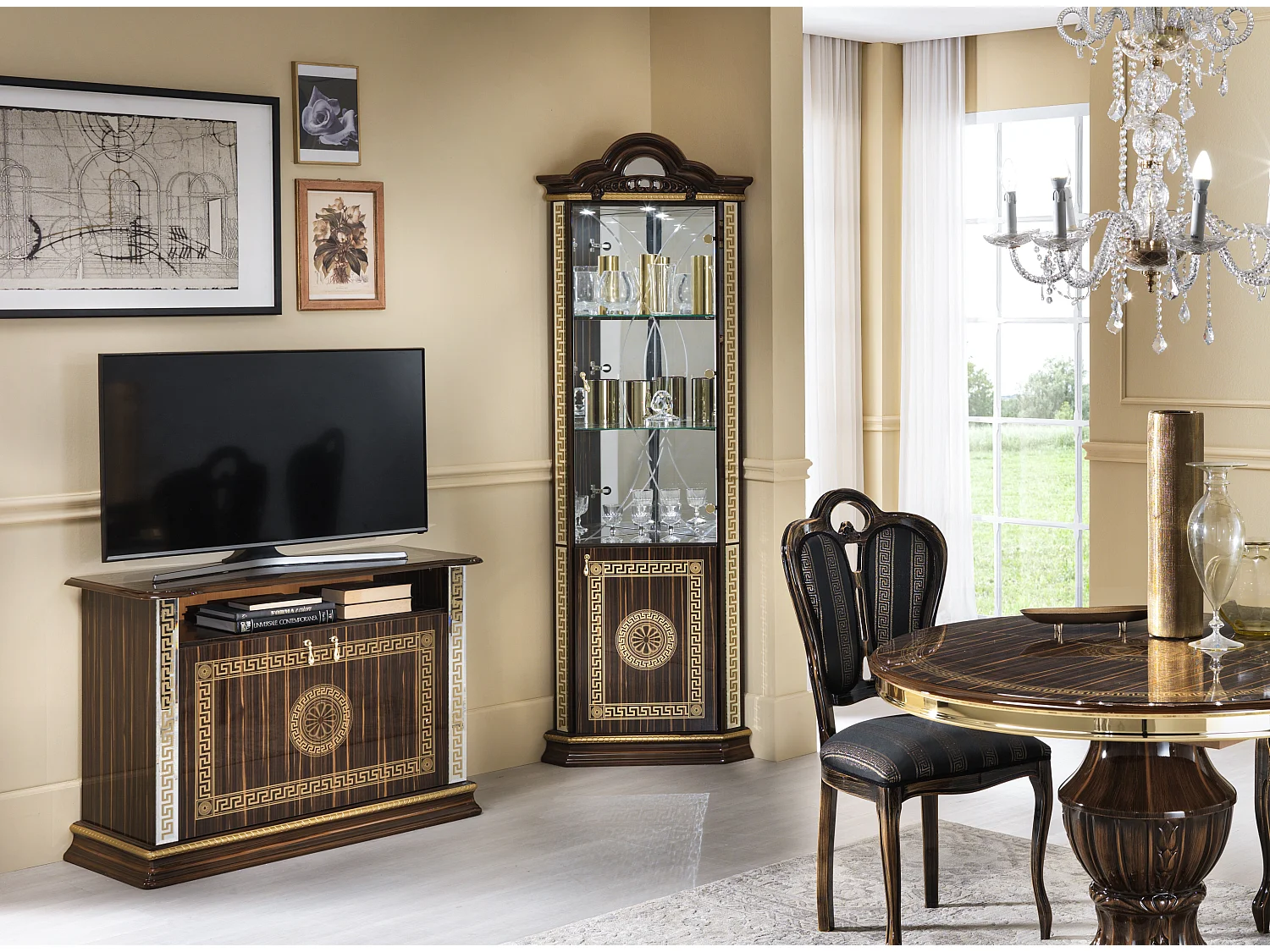 Vitrine d'angle bois vernis laqué brillant marron et doré Venus 64cm