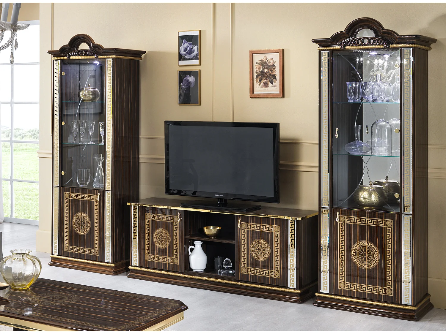 Vitrine 2 portes bois vernis laqué brillant marron et doré Venus 78cm