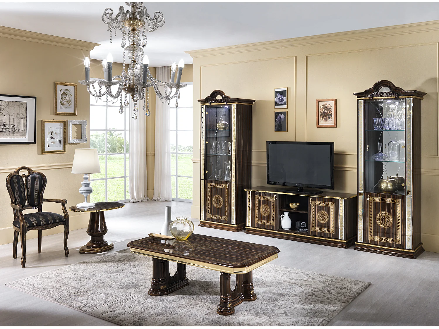 Vitrine 2 portes bois vernis laqué brillant marron et doré Venus 78cm