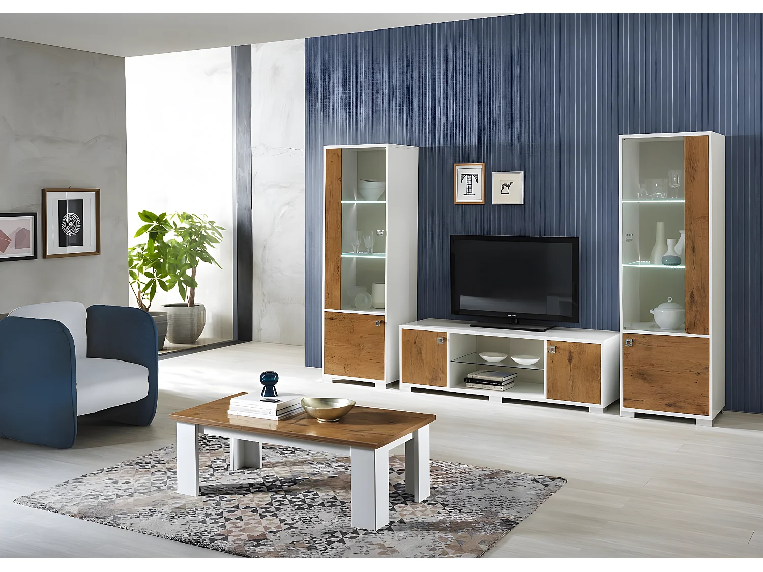 Vitrine moderne 1 porte vitrée à Led bois Oak et blanc brillant Sting 60cm