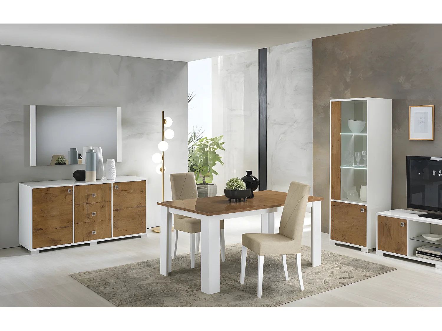 Vitrine moderne 1 porte vitrée à Led bois Oak et blanc brillant Sting 60cm