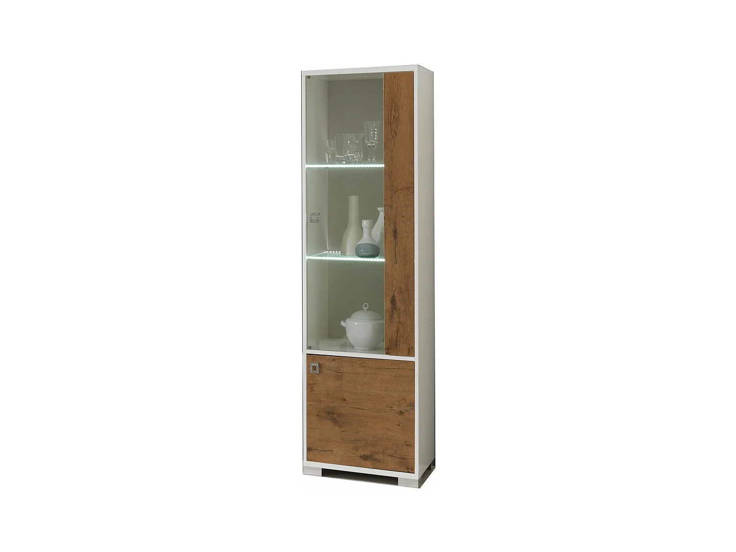Moderne vitrine 1 glazen deur met LED in Eikenhout en glanzend wit Sting 60 cm