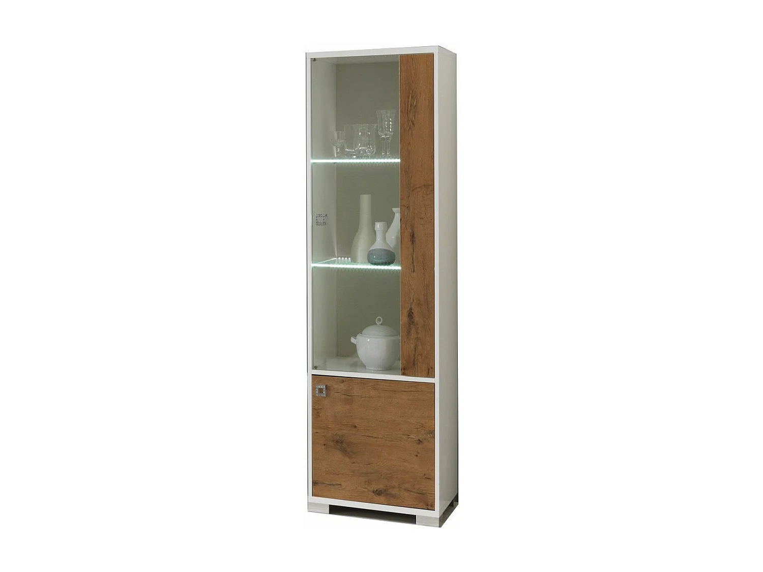 Vitrine moderne 1 porte vitrée à Led bois Oak et blanc brillant Sting 60cm