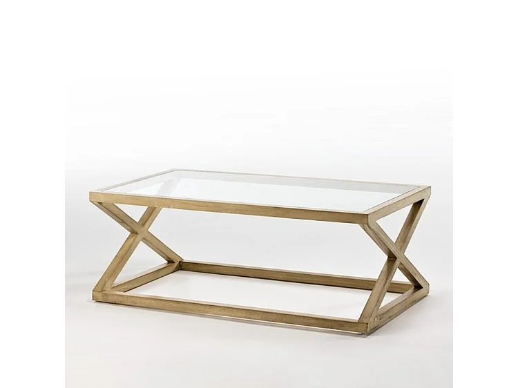 Table basse verre et bois massif peint blanc voilé 120cm
