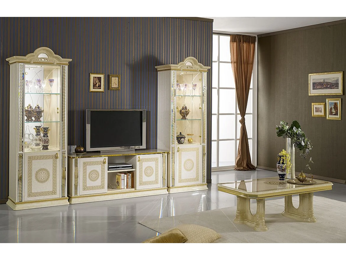 Table basse rectangulaire bois vernis laqué brillant beige et doré Vinza 130cm