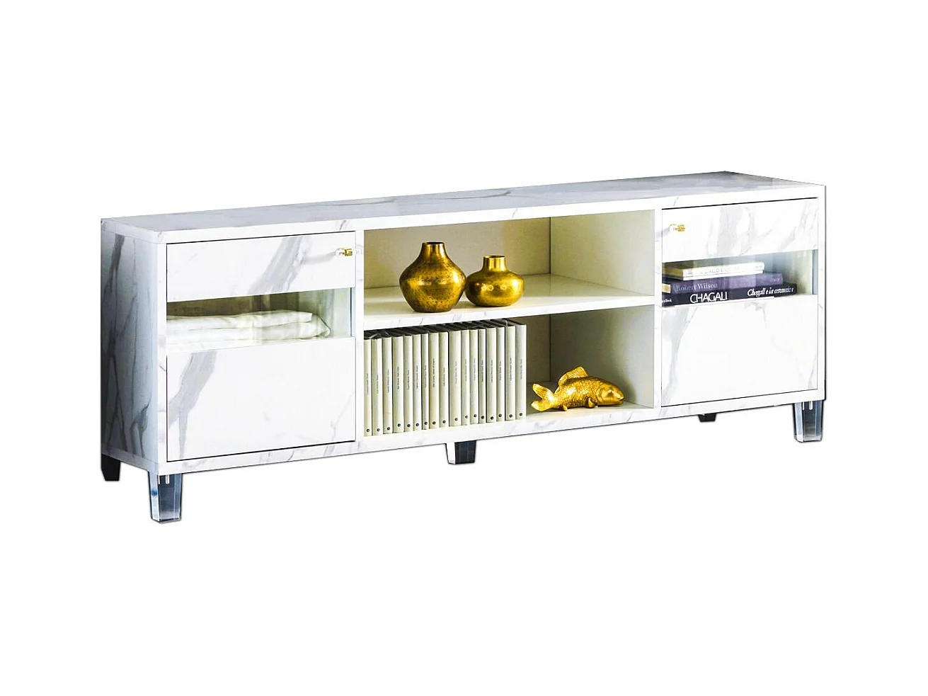 Meuble TV bois blanc effet marbre vernis Botela 120cm