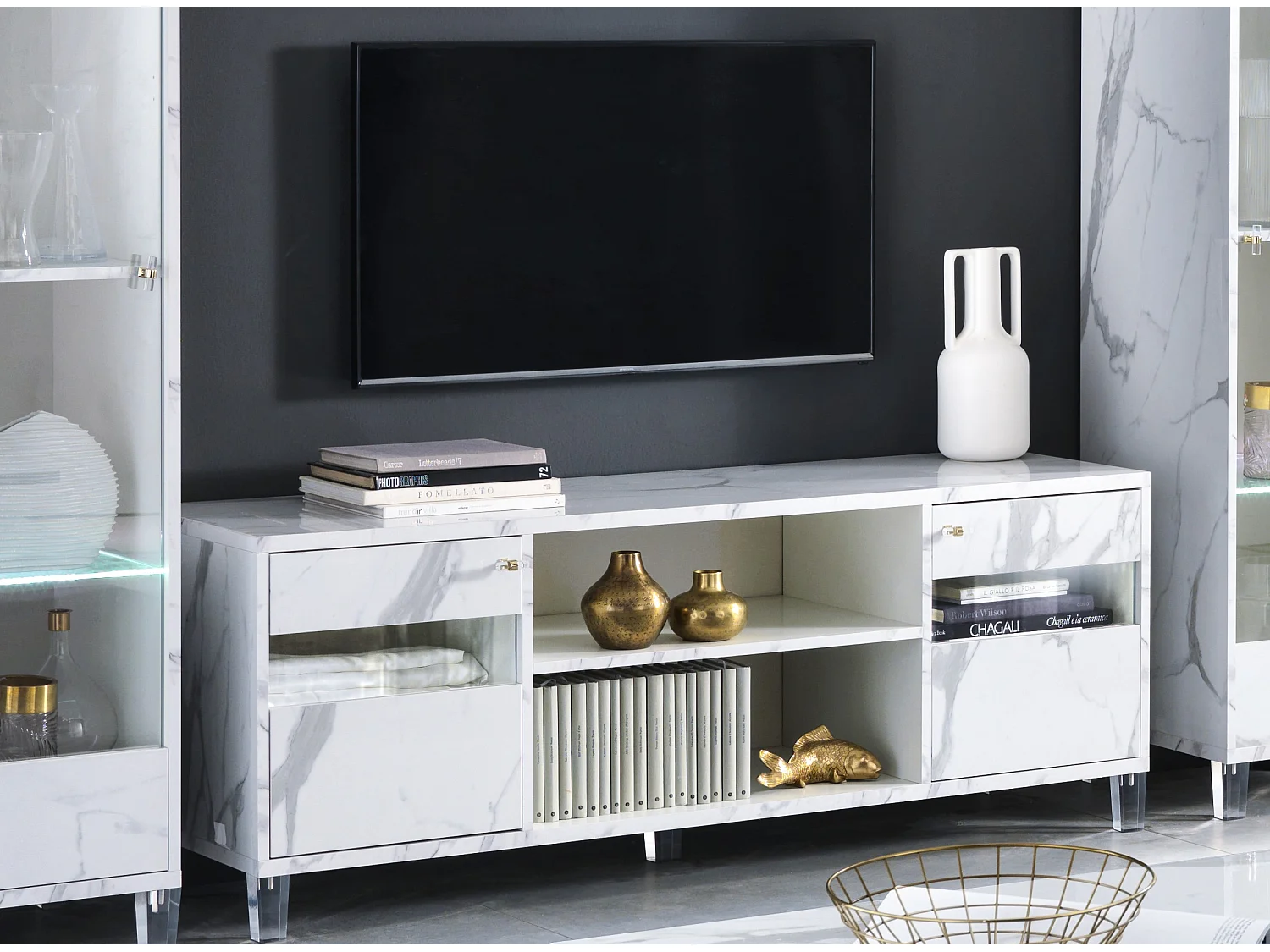 Meuble TV bois blanc effet marbre vernis Botela 120cm