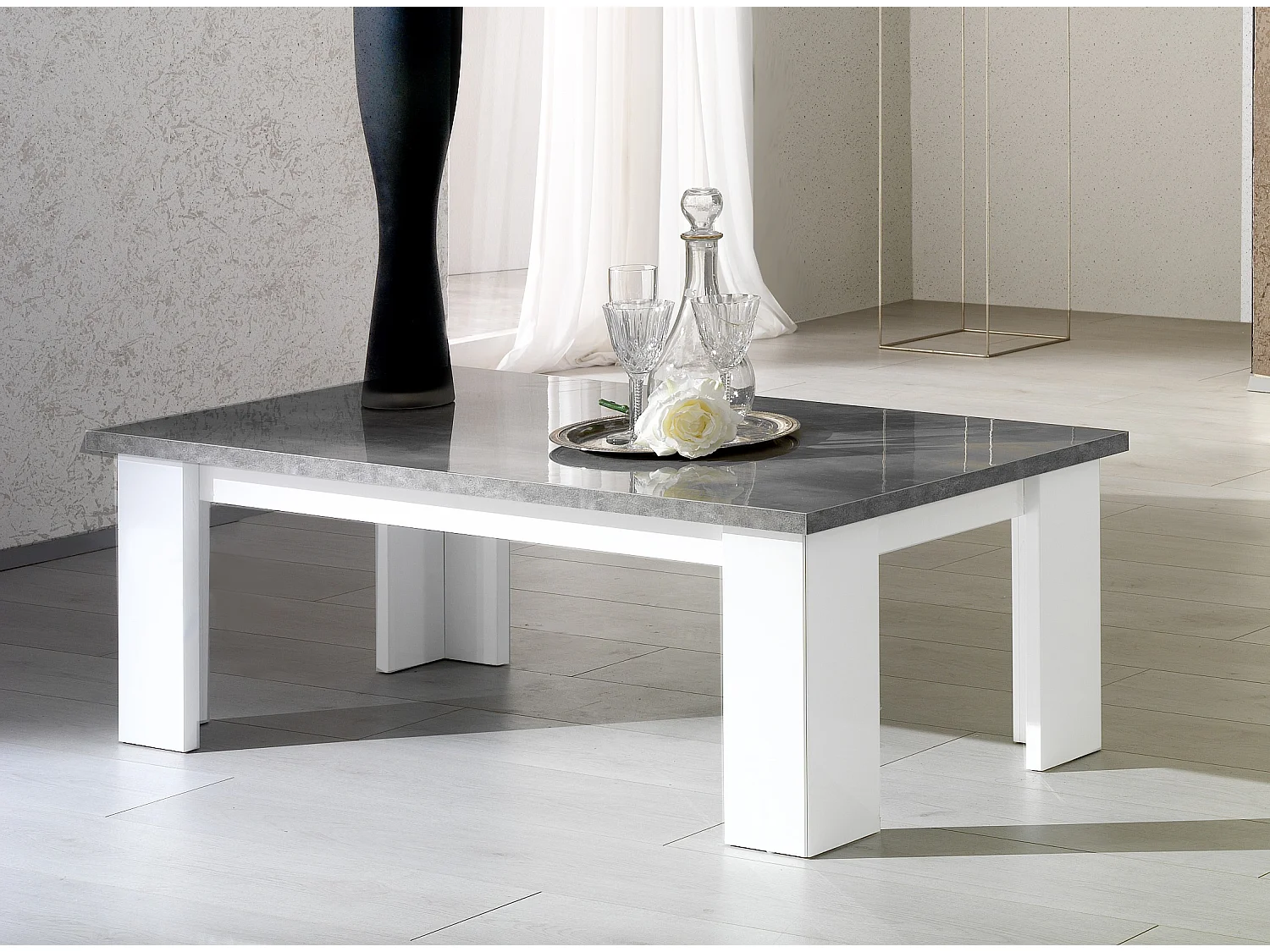 Table basse rectangulaire gris béton et blanc brillant Sting 120cm