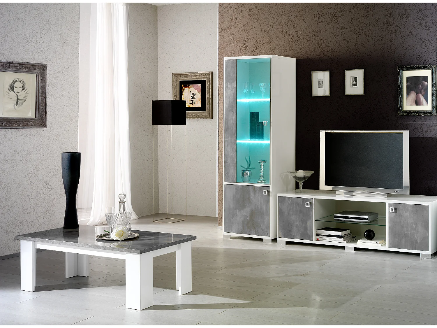 Table basse rectangulaire gris béton et blanc brillant Sting 120cm