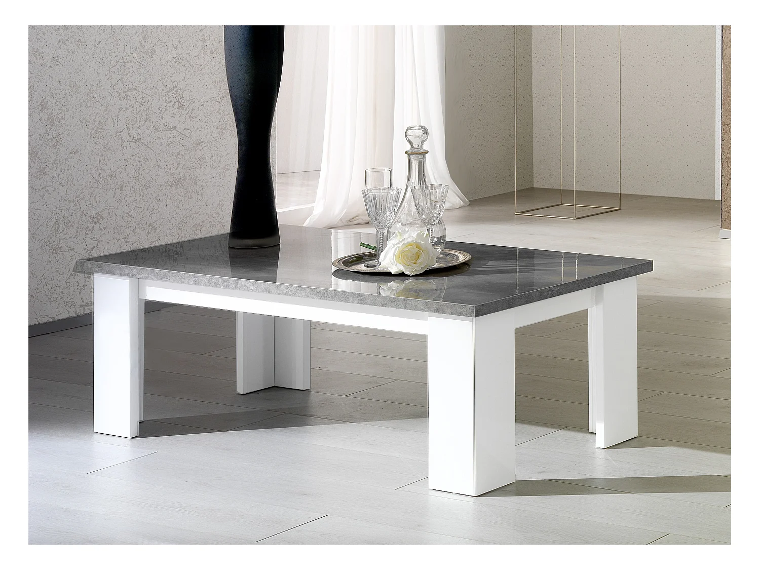 Sting rechthoekige betongrijs en glanzend witte salontafel 120 cm