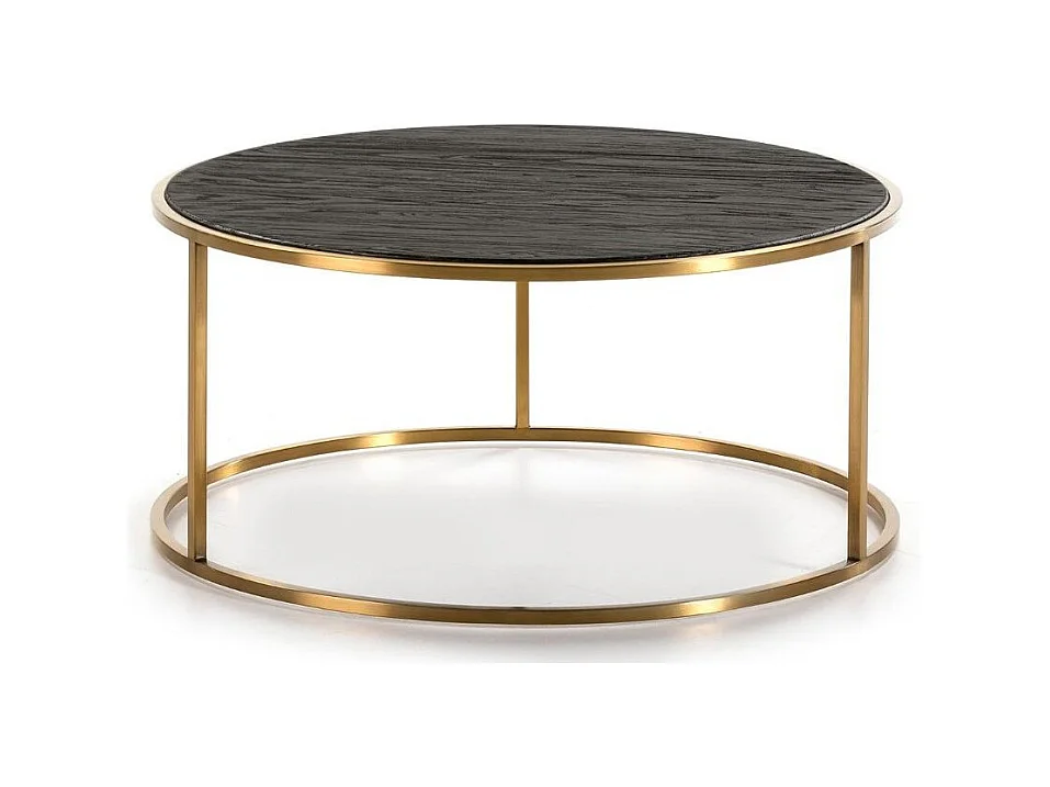 Table basse ronde bois foncé et pieds métal doré D 76cm