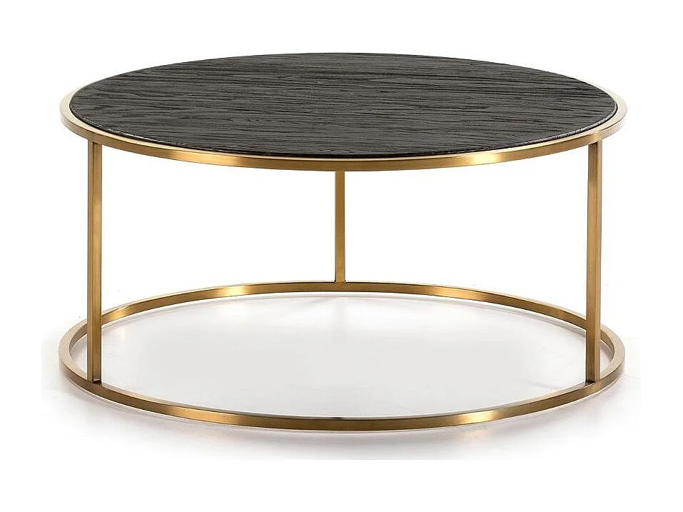 Ronde salontafel van donker hout en poten van goudkleurig metaal D 76 cm
